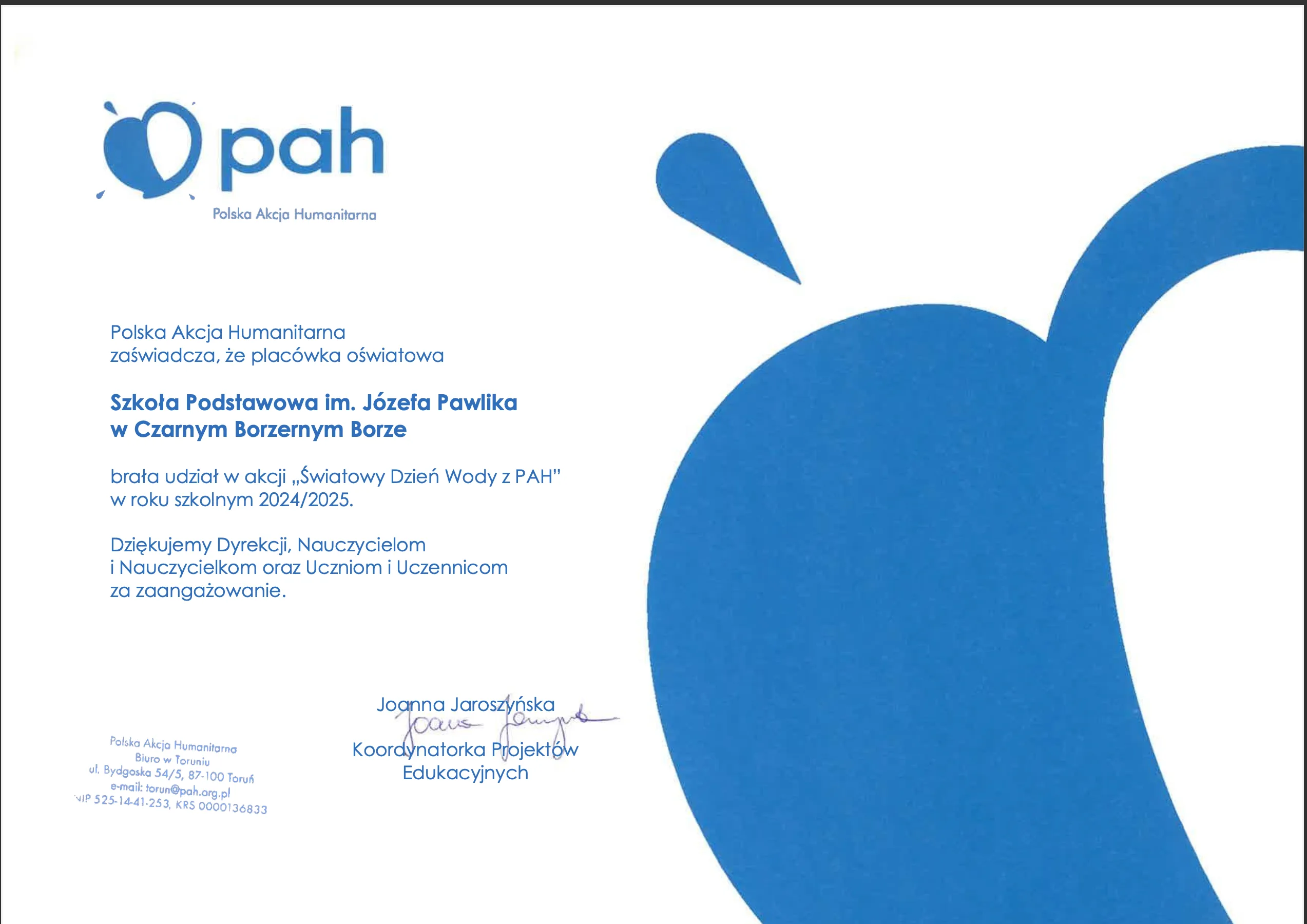Podziękowanie za udział w akcji „Dzień Wody” z PAH