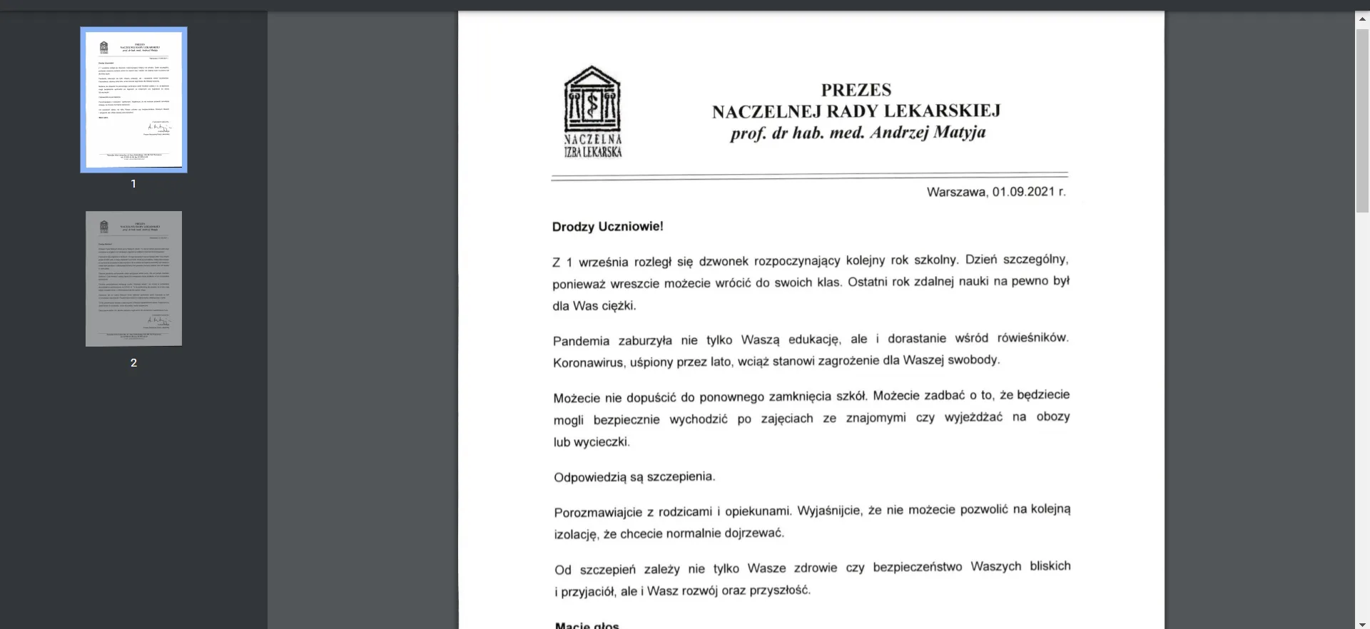 Pismo do Uczniów i Rodziców w sprawie szczepień.