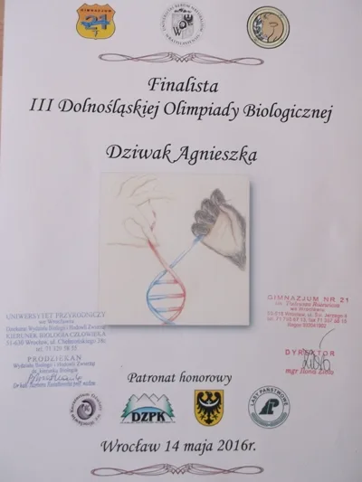 " Agnieszka Dziwak- finalistką III Dolnośląskiej Olimpiady Biologicznej"