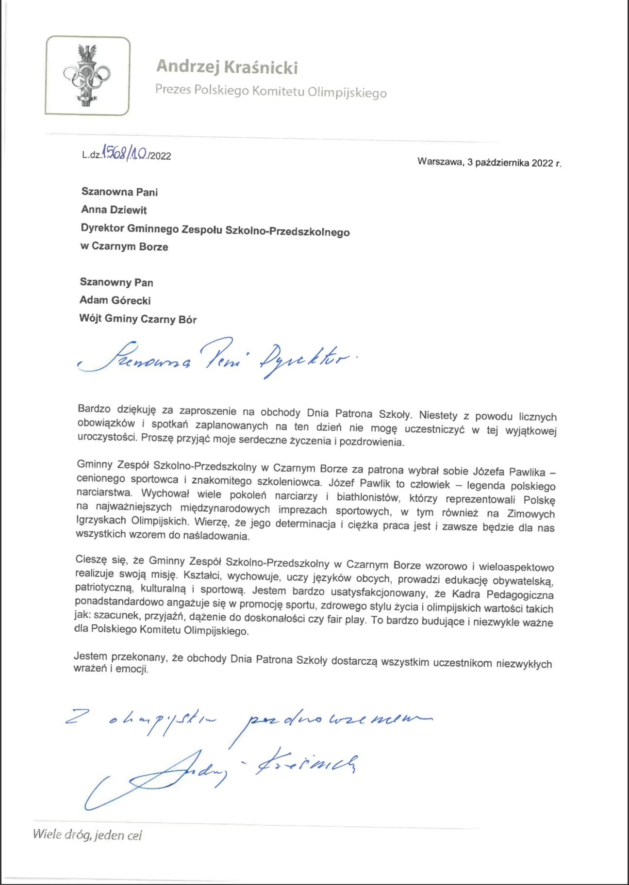 List od Prezesa PKOl Andrzeja Kraśnickiego